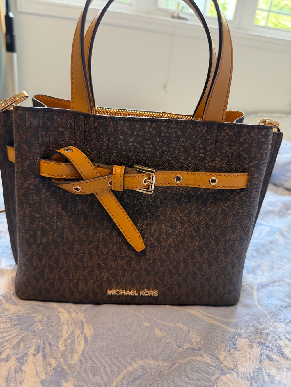 Michael Kors Brown MK Logo Satchel with Tan Strap Accents